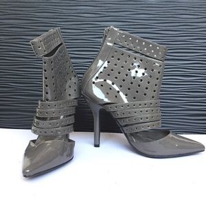 Qupid Paten Leather Strappy Bootie Heels GRAY